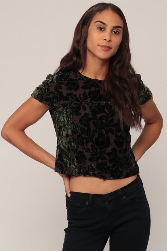 90s Green Velvet Floral Silk Blouse Short Sleeve Boho Top Small