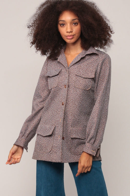 70s Flecked Brown Button-Up Shirt Long Sleeve Collared Blouse Medium