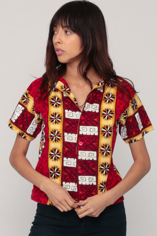 90s Hawaiian Turtle Shirt Red Button Up Tropical Small