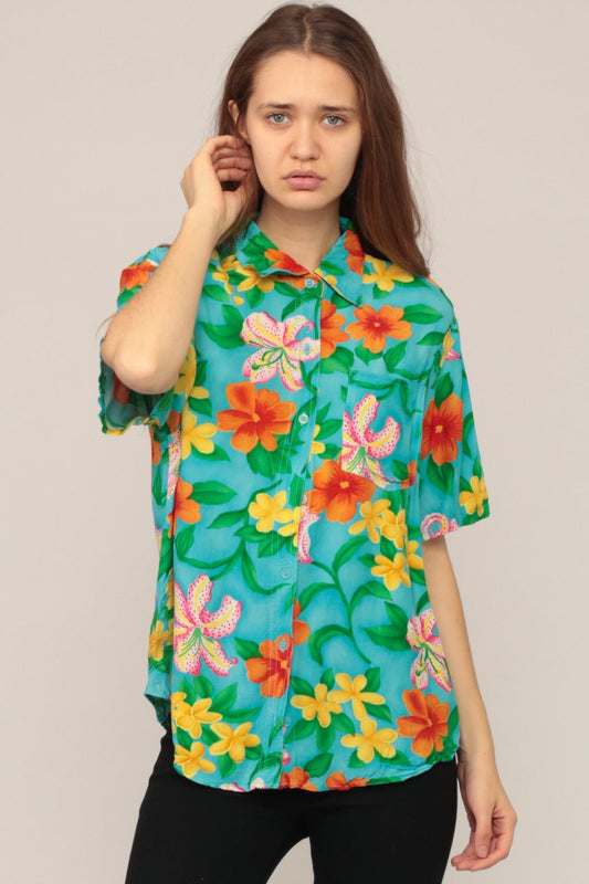 80s Hawaiian Floral Shirt Turquoise Button-Up Blouse Shoulder Pads Medium