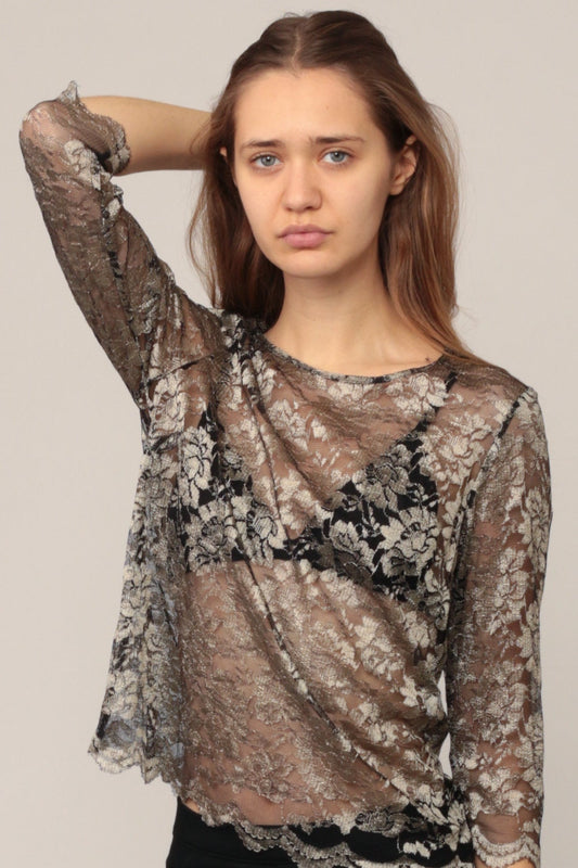 80s Metallic Lace Blouse Sheer Long Sleeve Scalloped Hem Small Medium