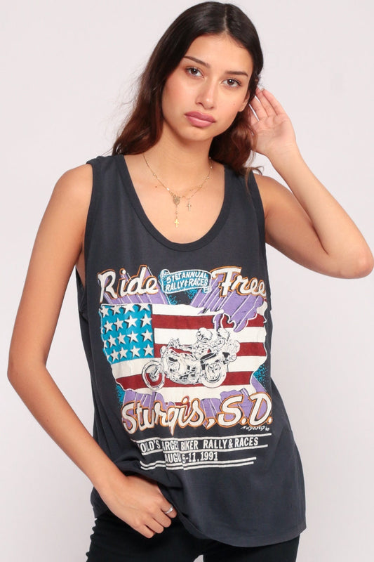 1991 Sturgis Biker Tank Top Ride Free Motorcycle Rally Grey Unisex Extra Large