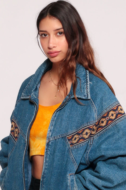 80s Denim Jacket Tribal Trim Blue Jean Bomber Medium Large