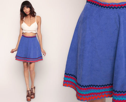 70s Purple Corduroy Mini Skirt High Waisted A-Line Flared Small