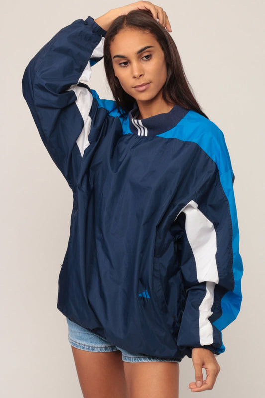 90s Adidas Pullover Windbreaker Dark Blue Stripe Jacket Large