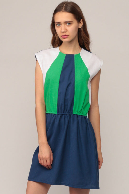 70s Striped Mini Dress Navy Blue Green White Cap Sleeve High Waist Large