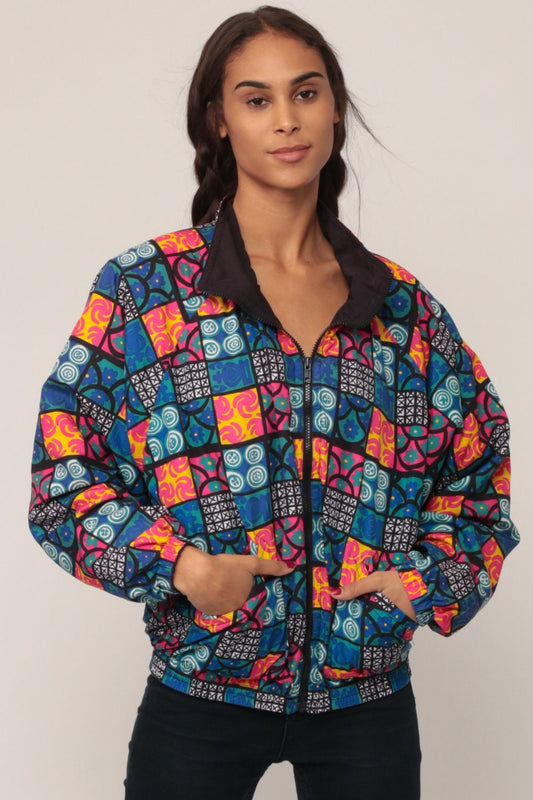 90s Geometric Floral Windbreaker Jacket Blue Pink XXL