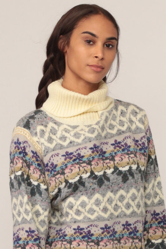 80s Grey Floral Turtleneck Wool Blend Knit Sweater Small Medium