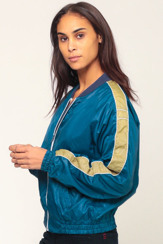 80s Blue Striped Bomber Jacket Nylon Zip-Up Small Medium