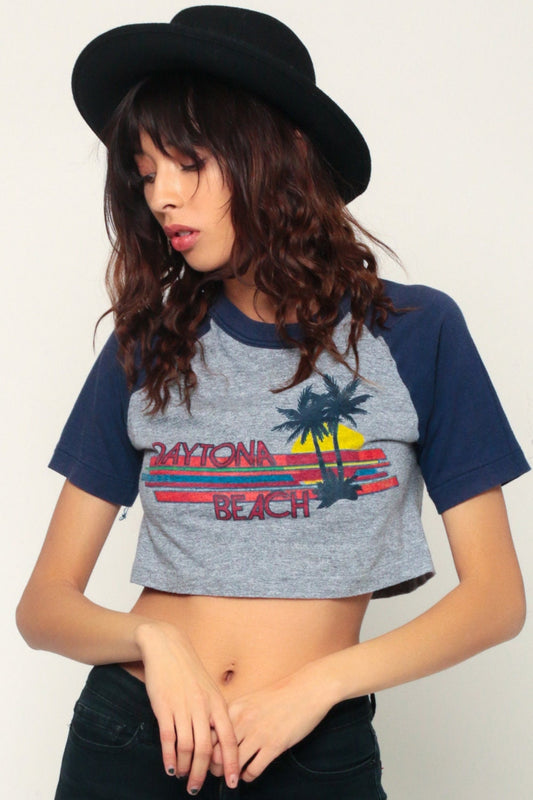 90s Daytona Beach Ringer Tee Crop Top Raglan Sleeve Grey Small