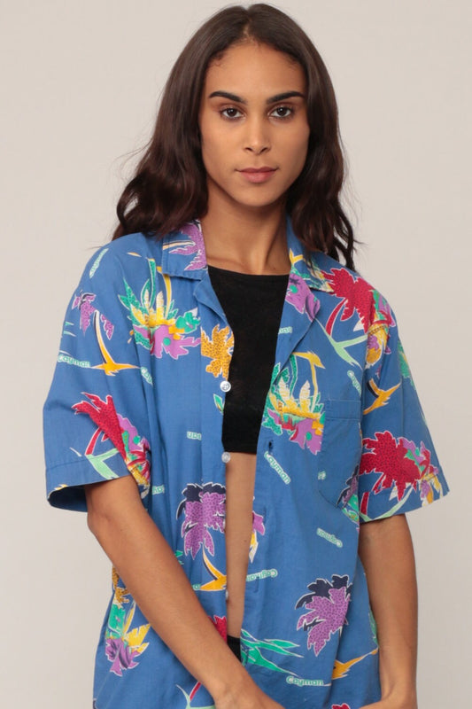 80s Cayman Islands Tropical Palm Tree Button-Up Shirt Blue Unisex Large