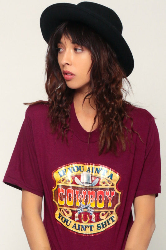 80s Cowboy Graphic T-Shirt Iron On Burgundy Unisex Large