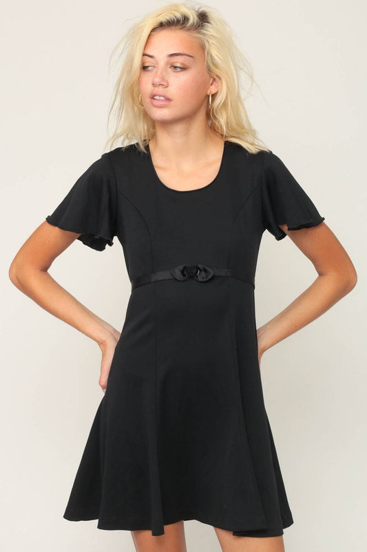 80s Black Mini Dress Flutter Sleeve Shift Rosette Waist Extra Small XS
