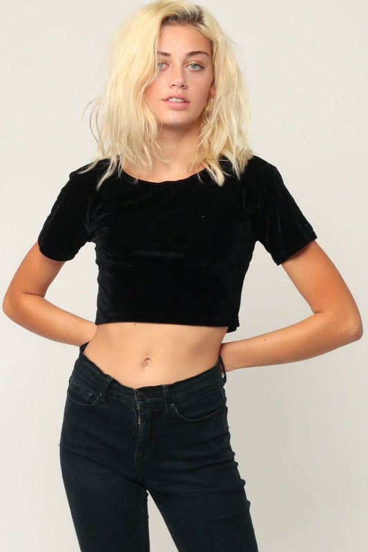 90s Black Velvet Crop Top Short Sleeve Blouse Extra Small
