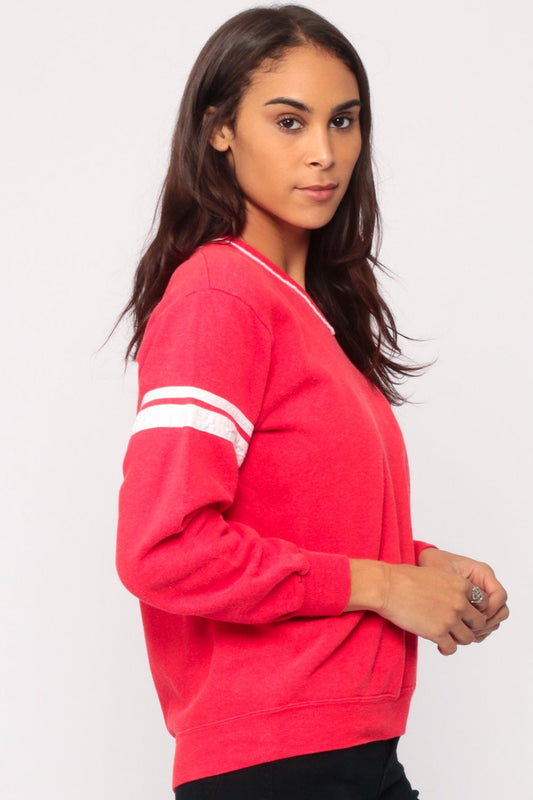 80s Red Striped V-Neck Sweatshirt Long Sleeve Pullover Small Medium