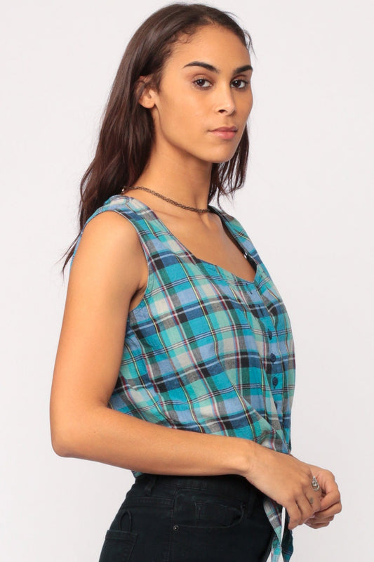 90s Plaid Cotton Crop Top Sleeveless Button-Up Blouse Tie Waist Blue Medium Large