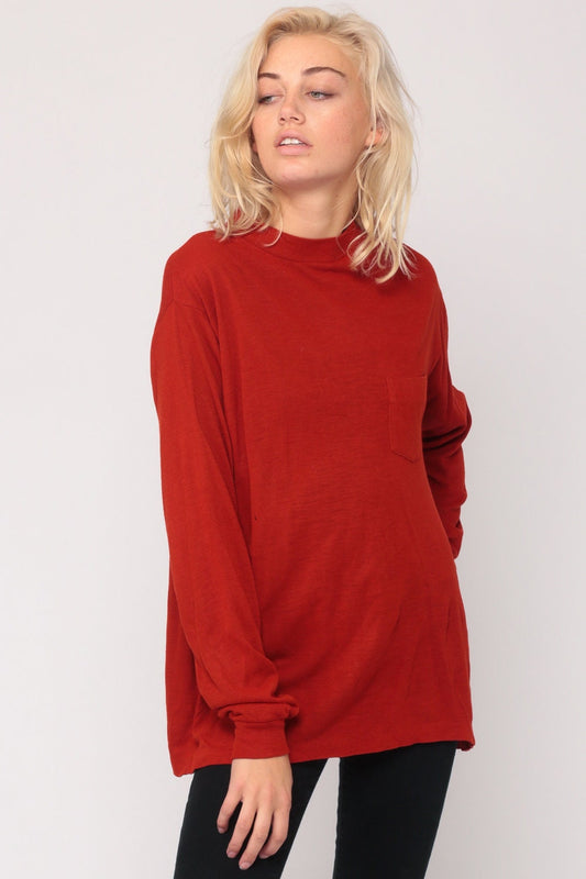 80s Orange-Red Burnout Long Sleeve T-Shirt Pocket Tee Large