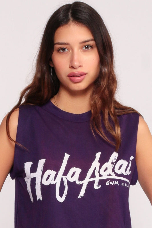 80s Hafa Adai Guam Graphic Tank Top Crop Purple Cotton Small Medium