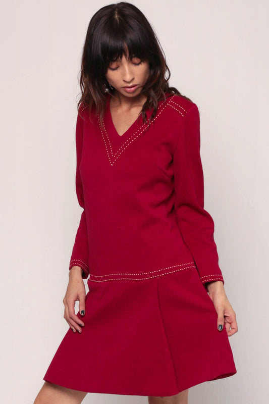 1970s Mod Mini Dress Wool Blend Red Drop Waist Long Sleeve Medium