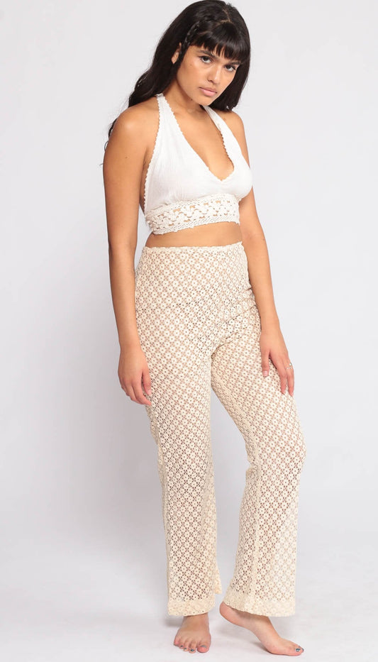 70s Cream Lace Cutout Bell Bottom Pants High Waisted Small Medium