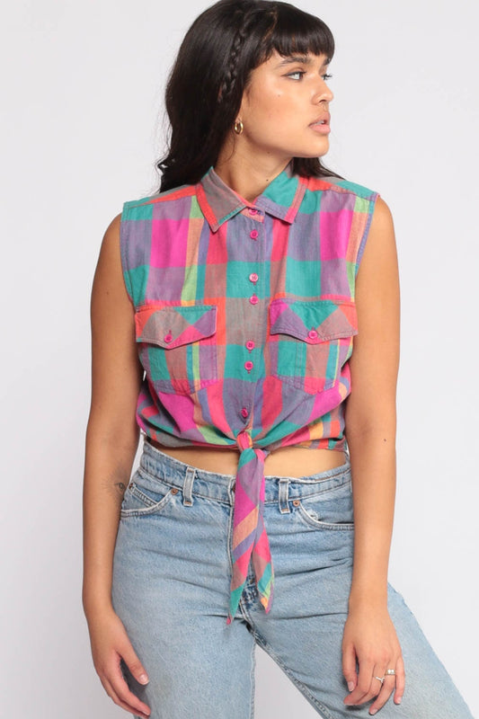 90s Plaid Crop Blouse Sleeveless Button-Up Tie Waist Pink Turquoise Medium