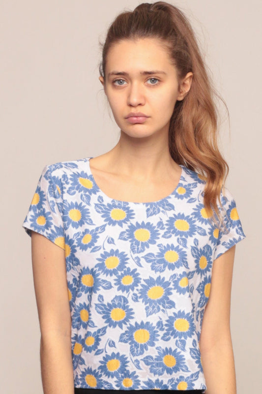 90s Floral T-Shirt Cap Sleeve Blue Yellow Graphic Tee Large