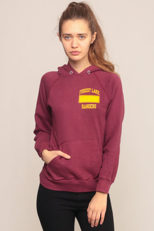 80s Forest Lake Rangers Burgundy Hooded Sweatshirt Graphic School Extra Small