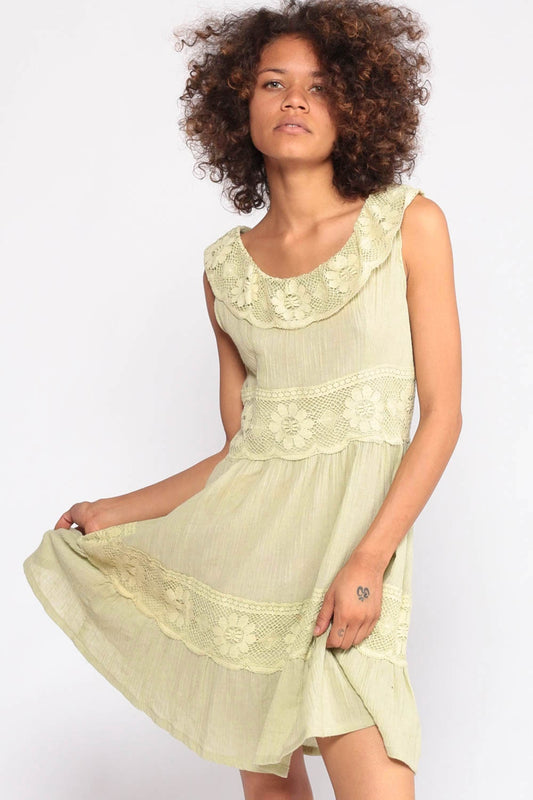 70s Pale Green Gauze Mini Dress Lace Trim High Waist Tiered Small