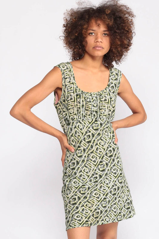 90s Babydoll Dress Tribal Print Empire Waist Mini Green Small
