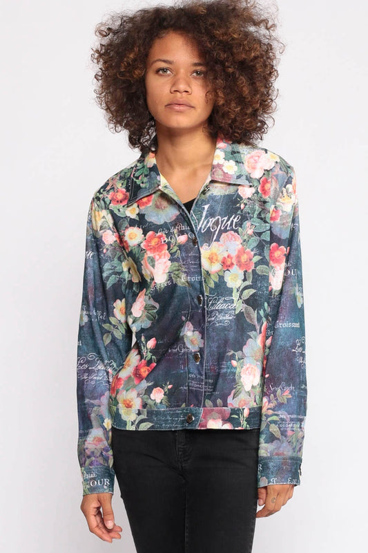 90s Vogue Floral Button-Up Shirt Long Sleeve Blue Extra Small
