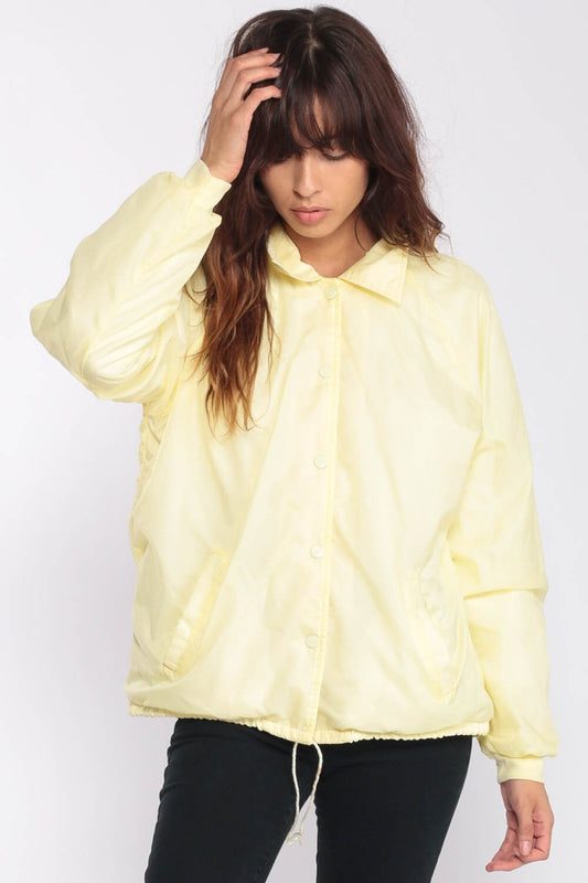 80s Yellow Pastel Windbreaker Jacket Raglan Snap-Up Medium