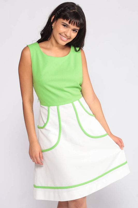 70s Mod Mini Dress Colorblock Lime Green White High Waist Pockets Medium