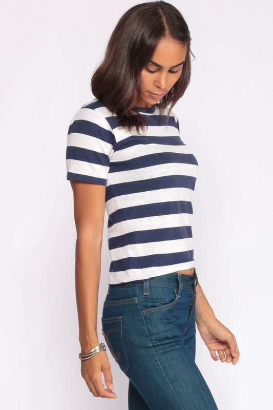 80s Munsingwear Striped Ringer T-Shirt Blue White Paper Thin Extra Small