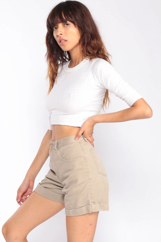 Calvin Klein Khaki Denim Shorts High Waisted Cuffed 90s Extra Small