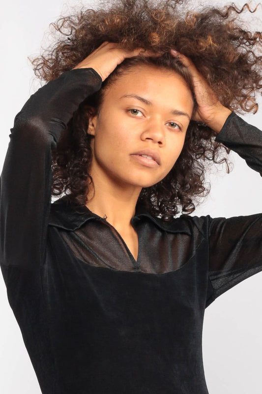 90s Black Mini Dress Sheer Sleeve Sheath Cocktail Extra Small XS