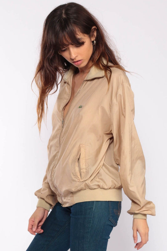 80s Lacoste Tan Windbreaker Jacket Crocodile Zip Bomber Large