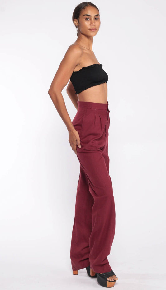 70s Burgundy High-Waist Wide-Leg Pleated Trousers Extra Small XS