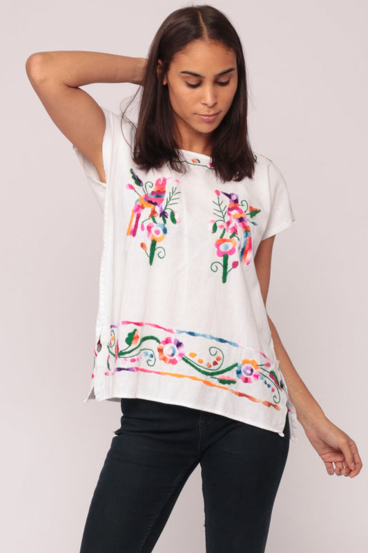 80s Mexican Embroidered Cotton Blouse White Bird Floral Tunic Medium Large