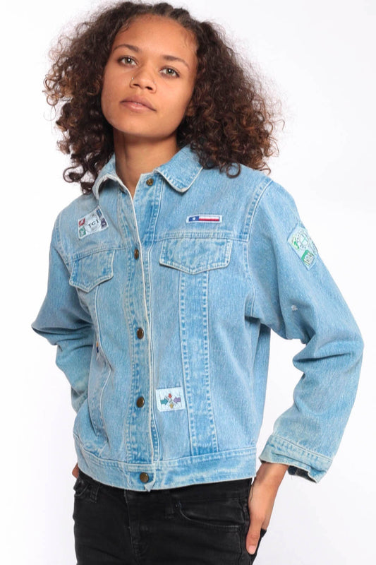 90s Blue Stone Wash Denim Jacket Patch Jean Jacket Extra Small XS