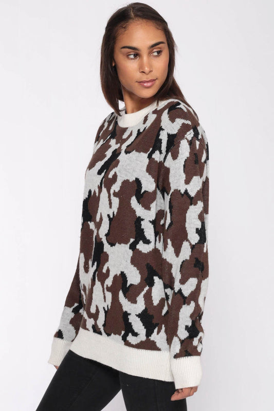 80s Camo Pullover Sweater Brown White Camouflage Knit Extra Large XXL