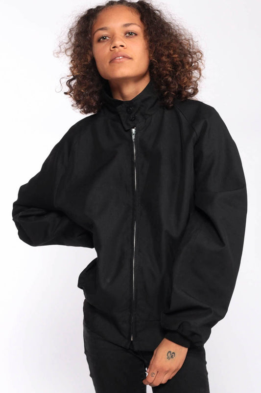80s Black Bomber Jacket Plaid Lined Cafe Racer Moto Windbreaker Extra Large