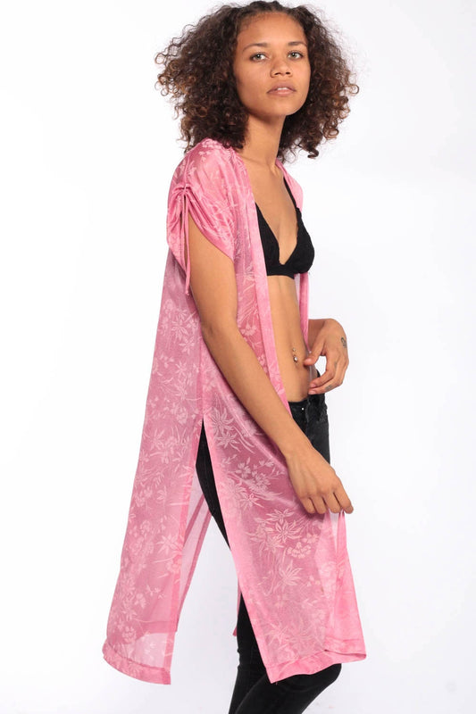 70s Pink Floral Sheer Kimono Jacket High Slit Cap Sleeve Small