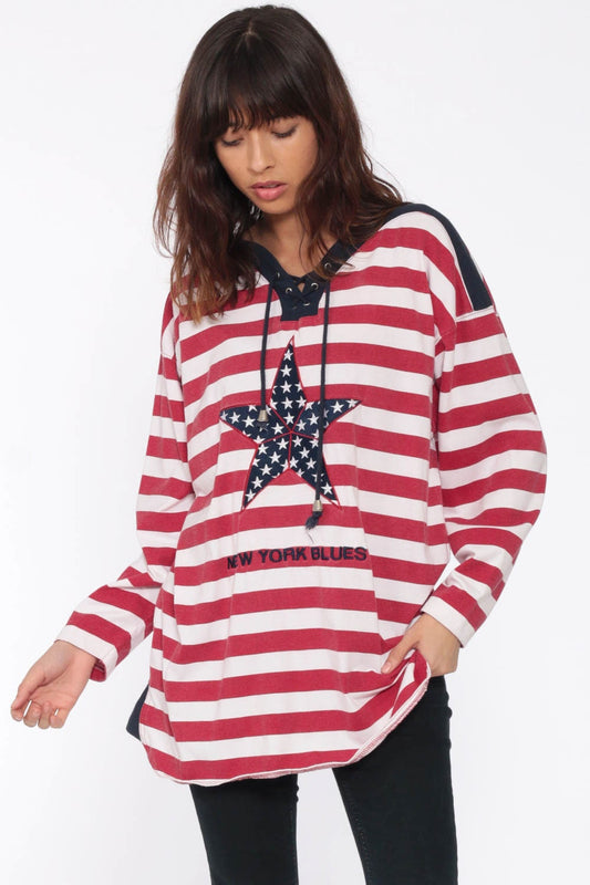 80s Striped Star Long Sleeve Shirt Red White Blue Nautical Medium Large