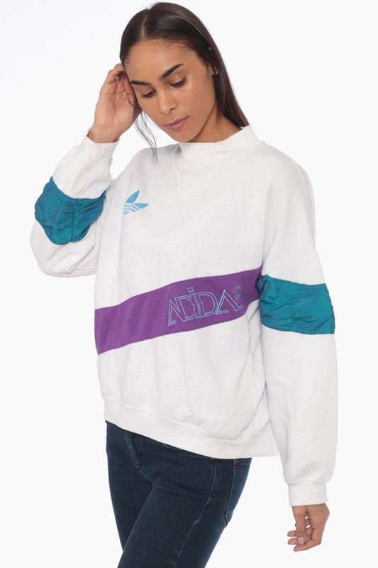 90s Adidas Trefoil Crewneck Sweatshirt Purple White Colour Block Large