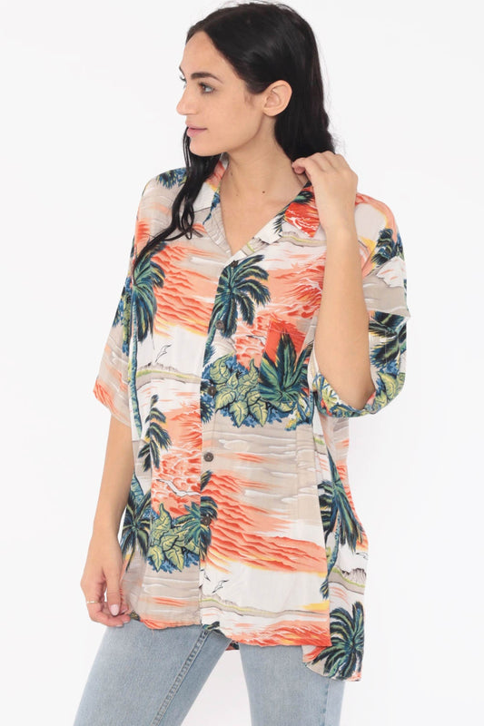 90s Hawaiian Shirt Tropical Palm Tree Print Button Up Orange Extra Large