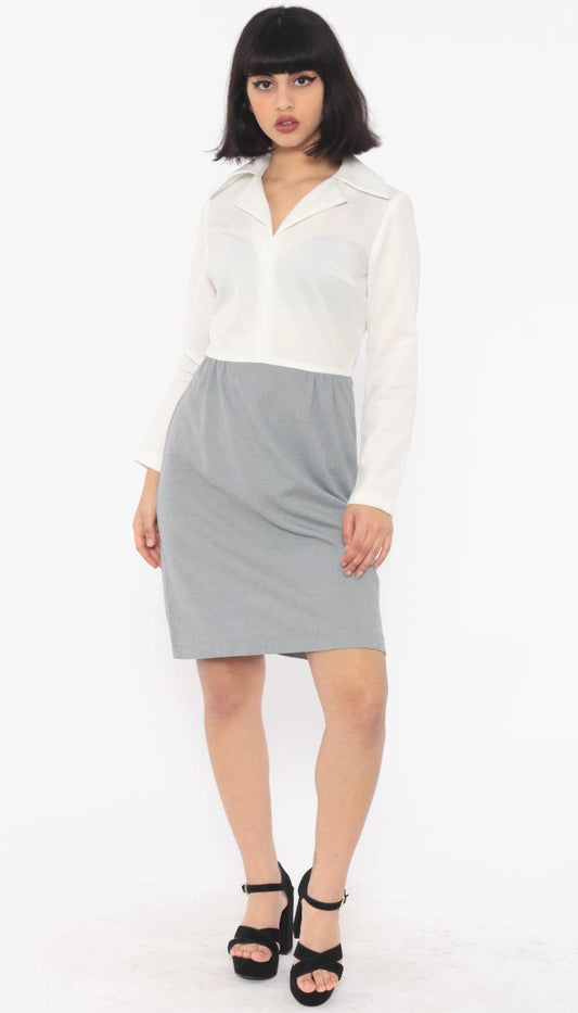 60s Mod Mini Dress High Waist Grey White Colour Block Polyester Small
