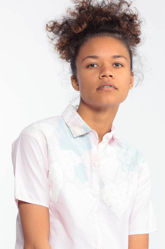 80s Heart Floral Button Up Blouse Baby Pink Glitter Print Extra Small XXS