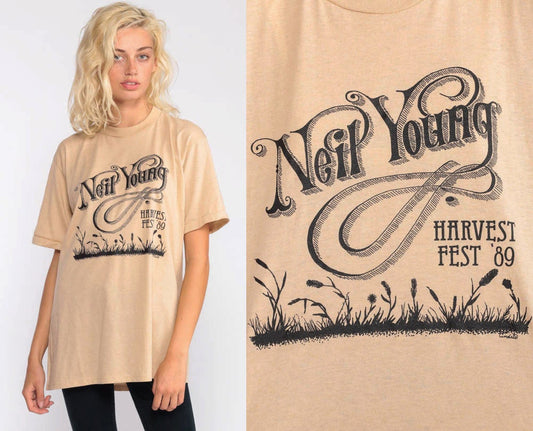 Neil Young Harvest Fest 1989 Tour Band T-Shirt Tan Graphic Tee Extra Large