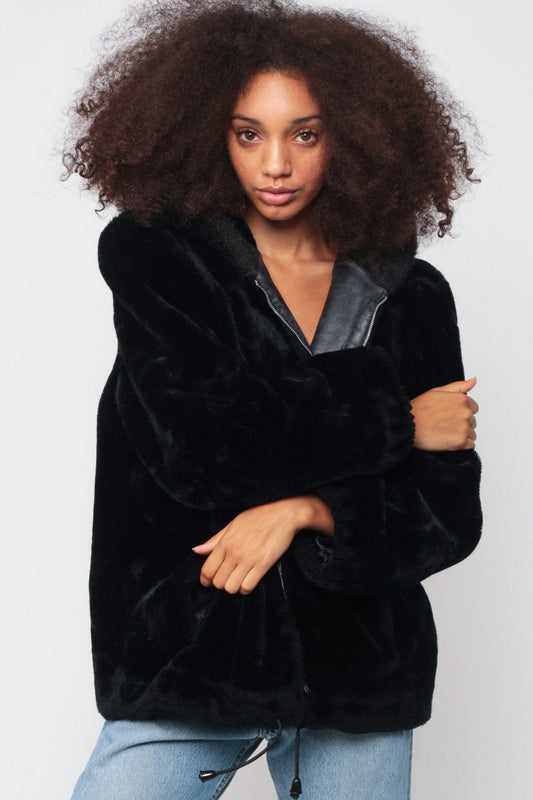 80s Black Faux Fur Hooded Jacket Zip Front Leather Trim Extra Large XXL