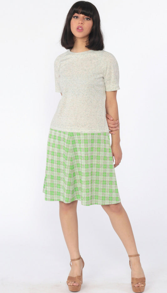 60s Mod Plaid Drop Waist Shift Dress Short Sleeve Knee-Length Medium